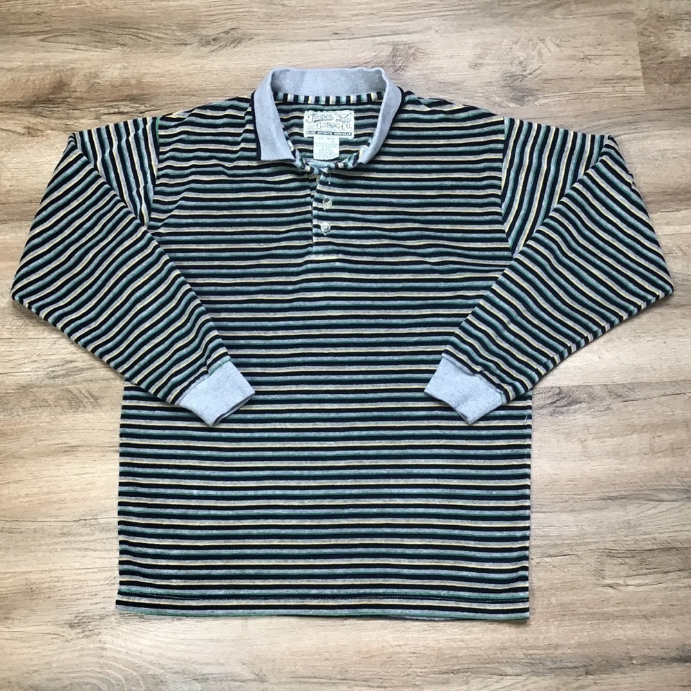Vtg Boys Shirt Size L 14/16 Velour Striped Polo Long Sleeve Timber Multicolor